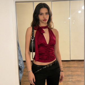 Top Corto Brillante de Satén con Cuello Halter y Lazos para Mujer, Estilo Y2K, Ajustado, Sin Mangas, Espalda Descubierta, Sexy, para Fiesta Nocturna - Product Image 2