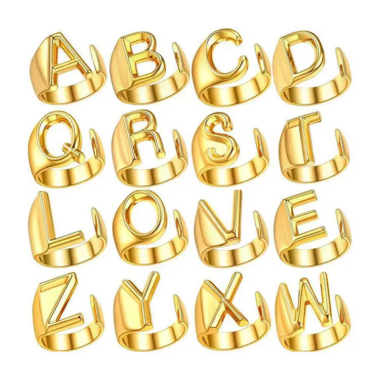 Adjustable Letter Alphabet Ring Wholesale Popular Style Alloy Vintage Opp Bag Women's Geometric Eternity Band Rings 2pcs