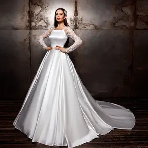 Váy Cưới Sa Tanh Dài Tay 2021 Với Váy Lót Vestito Da Sposa Hở Lưng Đính Hạt Váy Cô Dâu Bruiloft