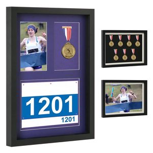 Boîte à médailles Shadow Box, grande taille A3, avec cadres métalliques verrouillables à fixer au mur, pour dossards de course, photos et médailles sportives, finition noire - Product Image 3