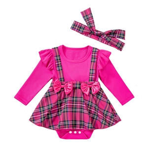 Versión coreana, conjunto de <span class=keywords><strong>ropa</strong></span> de estilo primavera otoño para bebé femenino, bonito lazo a cuadros, costura, pedo, vestido, <span class=keywords><strong>Kit</strong></span> de pelo hecho de punto - Product Image 6