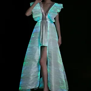 Lady Attractive V-Neck Dress Banque Luminous Illuminated Evening Wedding Dress Fiber Optic Party Queen