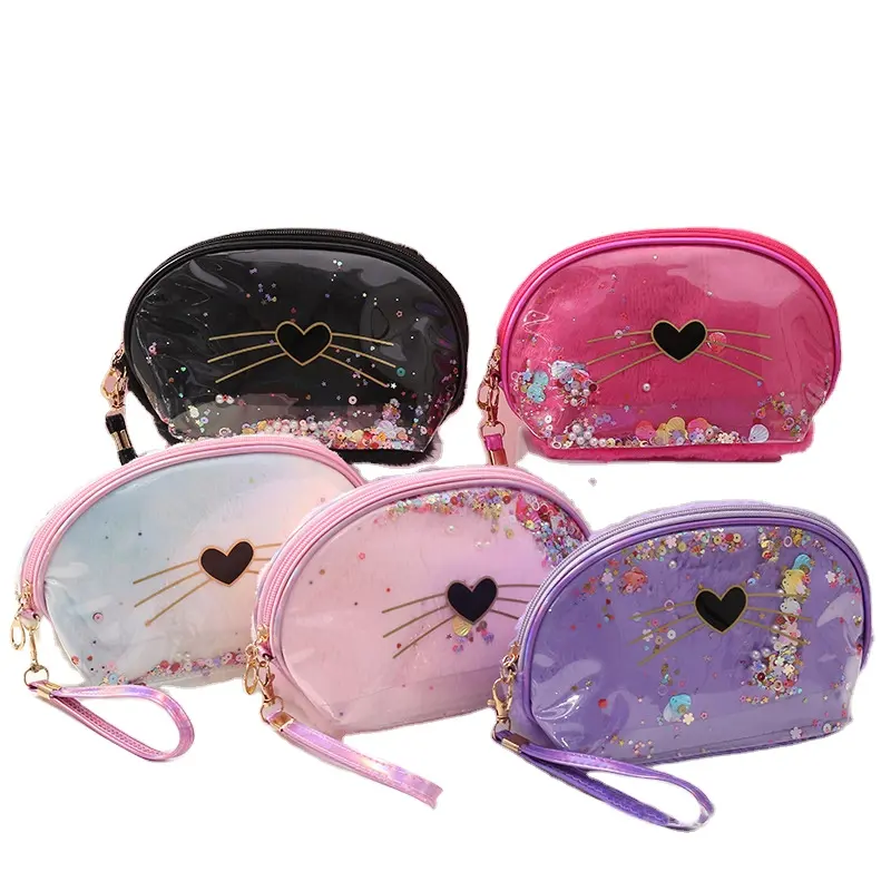 Double Layer Material Cute Cartoon Travel Wash Bag Ladies Makeup Bag Glitter Paillette Custom Girls Cosmetic Storage Bag