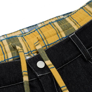 Jean à carreaux personnalisé pour homme, double ceinture, design patchwork, délavé, coupe droite ample et tendance, été - Product Image 6
