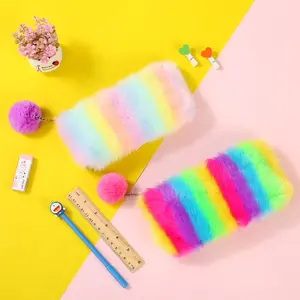 2023 wholesale pencil and Cosmetic bags hairy Laser leather pen bag plush fluffy pencil pouch