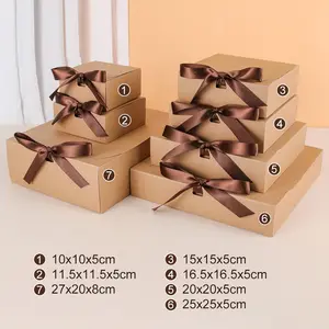 Square Flap Kraft Cardboard Wedding Party Candy Pastry Gift Paper Box Bow Knot Macaron Folding Exquisite Storage Box