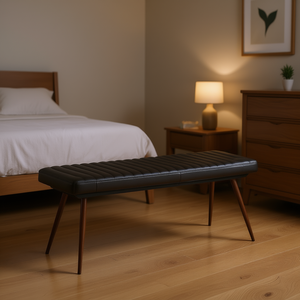 Banc d'appoint capitonné noir, mobilier de chambre moderne, revêtement en cuir PU, design à poser au sol - Product Image 2