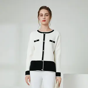 Suéteres de manga larga con cuello redondo de punto elegante extravagancia de gama alta para mujer, suéter con botón