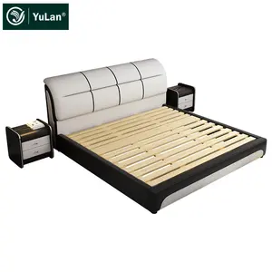 Роскошная черная кожаная кровать для спальни, новая современная деревянная кожаная кровать с современным дизайном