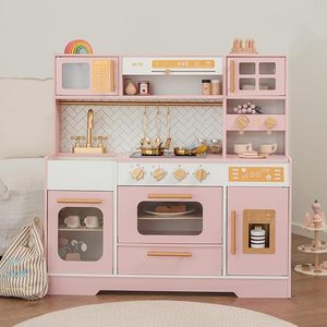 Realistic Pink Wooden Play <strong>Kitchen</strong> for Kids with 15 <strong>Fun</strong> Accessories &amp; Storage Inspiring Pretend Play &amp; Food Toys - Product Image 1