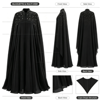 Robe longue musulmane noire pour femme, style abaya, col montant, ornée de perles et de strass aux épaules, en mousseline fluide, pour soirée, en polyester