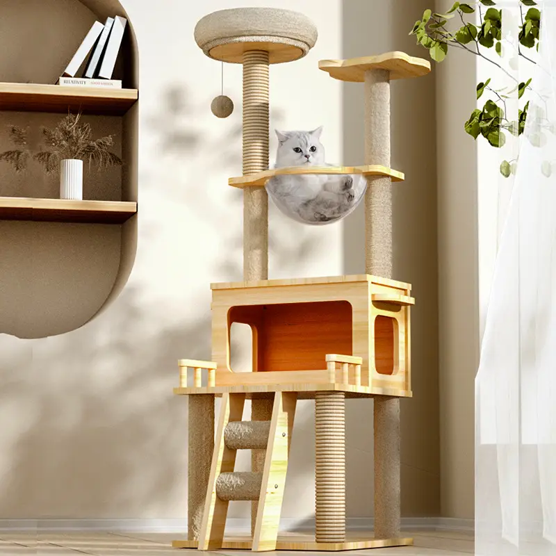 2023 Moderne Luxus Haustier Holz Baumhaus Sisal Seil Kratz bäume Katze Klettergerüst Natürliche Katzen bäume für große Katzen