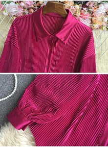 Ensemble de mode femmes lâche à manches longues plissé couleur propre chemise deux pièces ensemble de taille haute Vertical <span class=keywords><strong>large</strong></span> jambe <span class=keywords><strong>pantalon</strong></span> femmes ensemble - Product Image 2