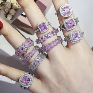 แหวนหมั้นสุดหรูสำหรับผู้หญิง Cz,แหวนแต่งงานทรงหัวใจสีชมพูวิบวับ