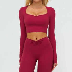 2 Piece Yoga <b>Set</b> <b>Square</b> Neck Full Sleeve Crop Top High Waist Ruched Leggings Solid Color Seamless Breathable Spandex Polyester - Product Image 2
