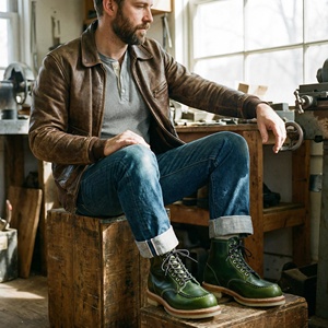 Stivali Chelsea da uomo personalizzati verde <span class=keywords><strong>smeraldo</strong></span> con punta tonda e lacci, stile western a metà polpaccio, in pelle cerata lucida, con suola cucita, casual - Product Image 4