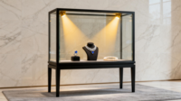 Hochwertige Luxus-Schmuckvitrine mit LED-Beleuchtung, Gehärtetem Glas, Umweltfreundlich, für Einkaufszentren, Beige, Rechteckig, Pflegeleicht