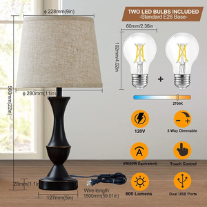 Switch Control USB Table Lamp with Dual Ports Crystal Base White Linen Shade Warm <b>Light</b> Modern AC Powered for Bedroom Decor - Product Image 4