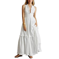Gaun Maxi Wanita Tanpa Lengan V-neck Putih Tenun Ramah Lingkungan Bernapas Musim Panas Ruffle Trim Kancing Depan Berlapis-lapis Ruffle Worsted