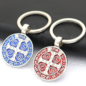 Wholesale Metal Alloy Cross round Pendant Keychain Religious Souvenir Gift Saint Benedict Medal Keychain