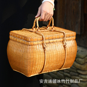 Anji Difu Bingzhu <b>Bamboo</b> Woven Storage Box With Handle Rectangle Food <b>Container</b> Portable Travel Gift - Product Image 3