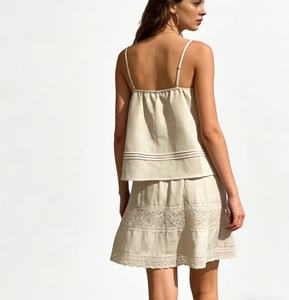 Completo due pezzi da <span class=keywords><strong>donna</strong></span> in stile boho, top con finiture in pizzo color crema e gonna con coulisse in vita - Product Image 3