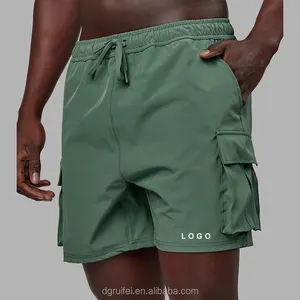 Summer custom printed logo cargo pockets drawstring elastic waist technical utility 5 inch inseam workout cargo shorts for men