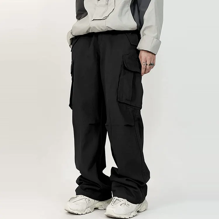 Wholesale Men's Custom Logo Loose Fit Leg Solid Casual Cargo Pants Multi Pockets Drawstring Waist Cargo Pants