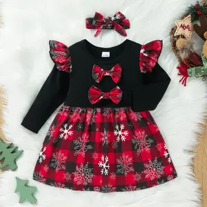 赤ちゃんのクリスマスドレスのための0-24M新年のコスチュームスノーフレークボウチェック柄子供ドレス子供女の子クリスマス服