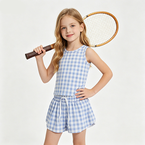 Ensemble de tenue de tennis bleu à carreaux pour petites filles, débardeur sans manches à col rond extensible et doux pour enfants, short fluide coupe crayon - Product Image 5