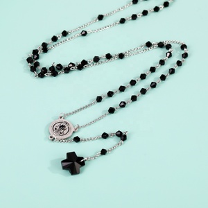 Collar de Rosario de Acero Inoxidable de Alta Calidad con Cuentas de Cristal Negro y Cruz de Jesús, Venta al por Mayor de Artículos Católicos, Pulsera de Cuentas - Product Image 6