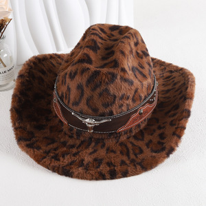 ZhenXi Leopard Print Cowboy Hat M56-58cm Warm Western <b>Style</b> Jazz Hat With Bull <b>Head</b> Belt Accessory - Product Image 2