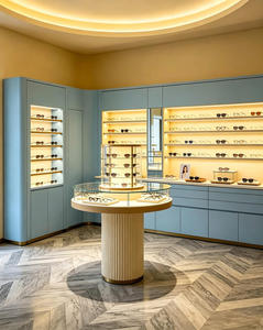 Luxury Optical Store Design Custom Eyewear Shop Fixtures Blue Gray <b>Display</b> <b>Cabinet</b> Brass Metal Glass Retail Interior Solution - Product Image 5