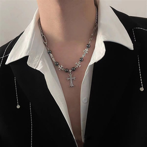 HX0065 nuevo collar <span class=keywords><strong>de</strong></span> acero <span class=keywords><strong>de</strong></span> titanio entrelazado con <span class=keywords><strong>cruz</strong></span> <span class=keywords><strong>de</strong></span> cuentas negras-collar con colgante <span class=keywords><strong>de</strong></span> cadena <span class=keywords><strong>de</strong></span> suéter Premium para hombres y mujeres - Product Image 4