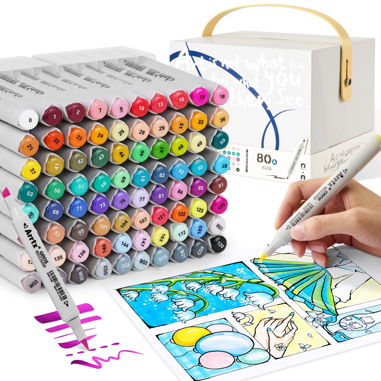 Спиртовые маркеры Arrtx OROS, 80 цветов, Перманентная кисть и долото, двусторонний эскизный маркер для детей