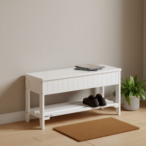 Panca Portascarpe in Legno Massello con 2 Ripiani, Mobile da Ingresso Bianco dal Design Tradizionale - Product Image 2