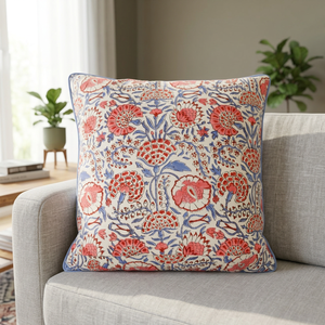 Housse de coussin en coton imprimé à la main, motif floral bohème, bleu Pigeon et rose Flamant Rose, avec passepoil, 100% coton, pour canapé, lit et décoration intérieure - Product Image 3