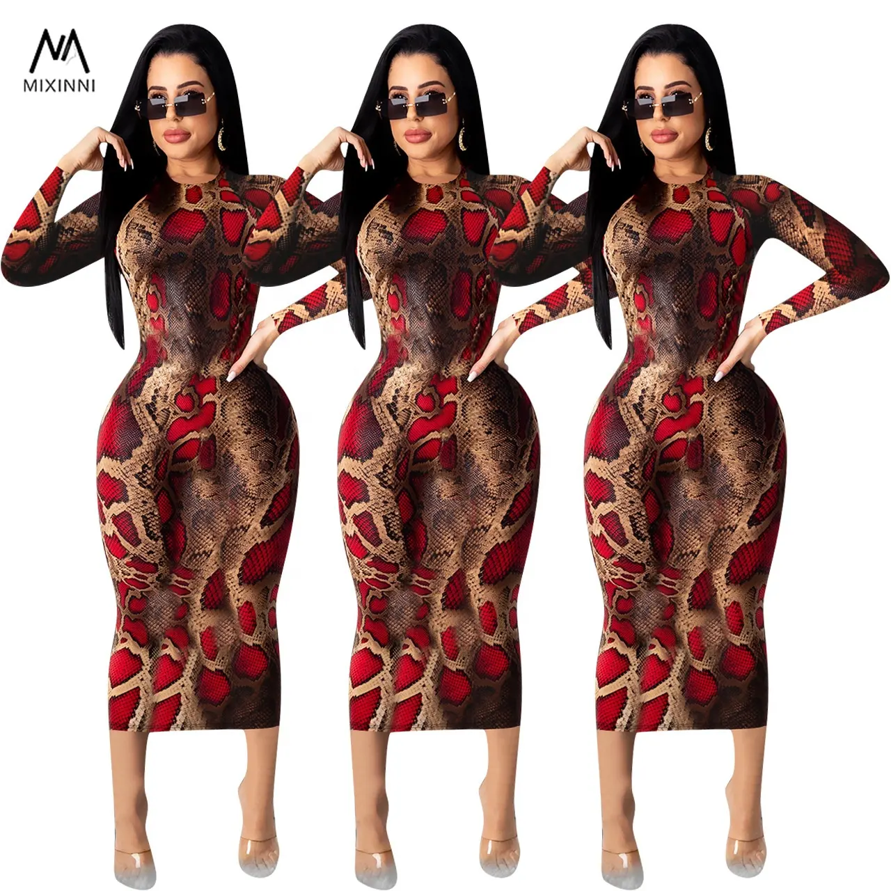 MXN 058 European and American women's sexy tight casual dress,long sleeve printed dress for women,long party dresses women dress