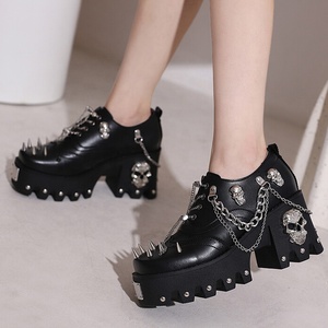 Large Size 46 Style Metal Decor Pumps Fashion Rivets Chunky Heels <b>Shoes</b> Women Lace up Chain Causal Booties - Product Image 1