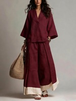 Ensemble Femme Printemps-Été 2026 : Chemise Col V Manches Trois-Quarts Effet Lin et Pantalon Large Color Block