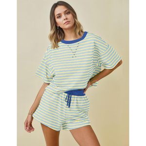 Striped Sleepwear <b>Set</b> For Women Summer <b>2</b> <b>Piece</b> Casual Pajamas Short Sleeve T Shirt And Shorts Outfits Soft Knitted Fabric - Product Image 3