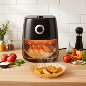 Papier de cuisson pour friteuse à air, grande capacité, ajustement parfait, 100 pièces, résistant à la graisse, antiadhésif, revêtement silicone, 5-7QT, nettoyage facile - Product Image 1