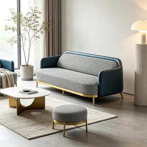 Divano a 2 Posti in Tessuto Pied-de-Poule <span class=keywords><strong>Blu</strong></span> con Gambe in Metallo Dorato per Hotel, Soggiorno <span class=keywords><strong>e</strong></span> Reception - Product Image 2