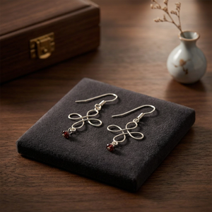 Sterling Silver Geometric Drop Earrings with Garnet Stone Minimalist Design for Women's Everyday Wear - Product Image 1