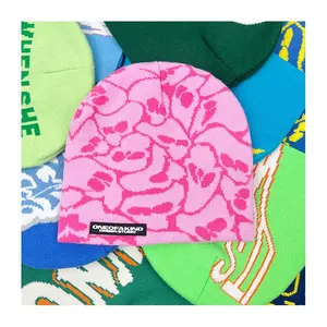 hip hop knitted warm winter beanie hat with custom logo jacquard beanie pink no cuff beanies