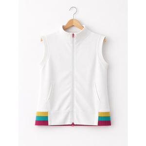 Achetez un gilet sans manches blanc avec fermeture éclair, col montant côtelé et détail de bordure multicolore, veste décontractée légère - Product Image 1