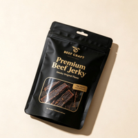 Sachet refermable personnalisé noir et or mat de qualité alimentaire avec fenêtre pour bœuf séché et snacks
