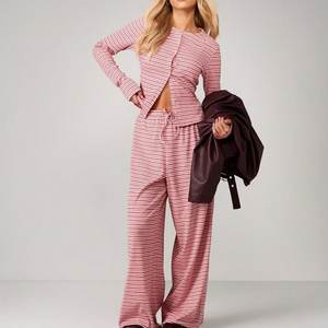 Conjunto de Pijama de Algodón a Rayas para Mujer, Ropa de Dormir de Bambú, Ropa de Casa Personalizada, Fabricante OEM ODM - Product Image 1