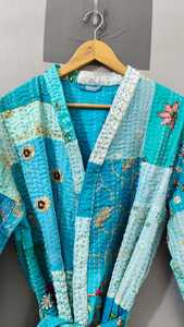 Women's Full Length Quilted Kantha <b>kimono</b> Patchwork Robe V-Neck Three Quarter <b>Sleeve</b> Cotton Soft Casual Sleepwear Spring Wear - Product Image 3