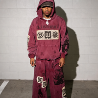 Ensemble de sweat-shirts à capuche en molleton épais de couleur rouge foncé délavé à l'acide, déchiré, surdimensionné, avec application hip-hop, marque privée
